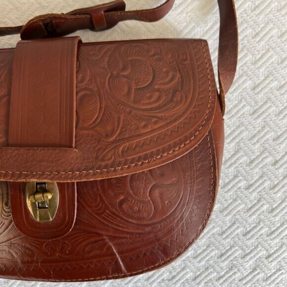 Vintage Handmade Fanco Brown Cowhide Leather Shoulder Bag Tooled Western Purse - Picture 6 of 16
